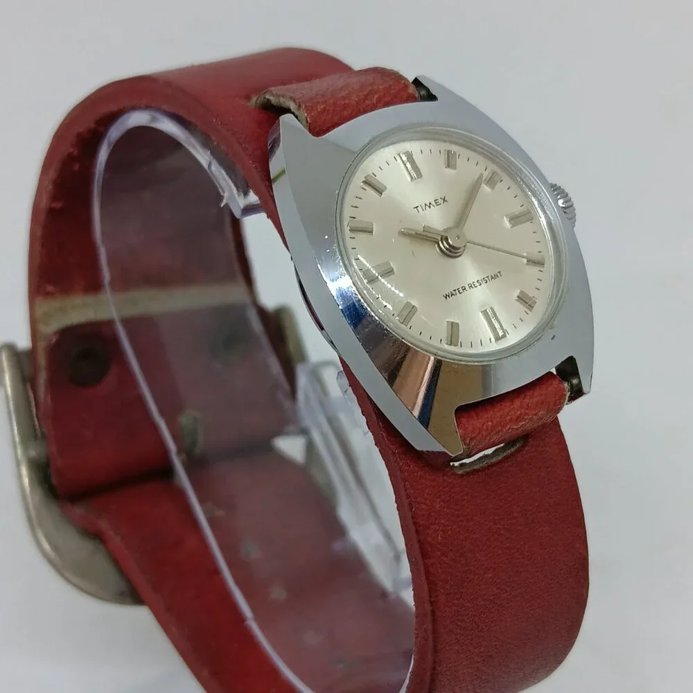 VINTAGE Timex Manual Wind Women's 24 mm Silver Tone Red Leather Bund Strap Watch